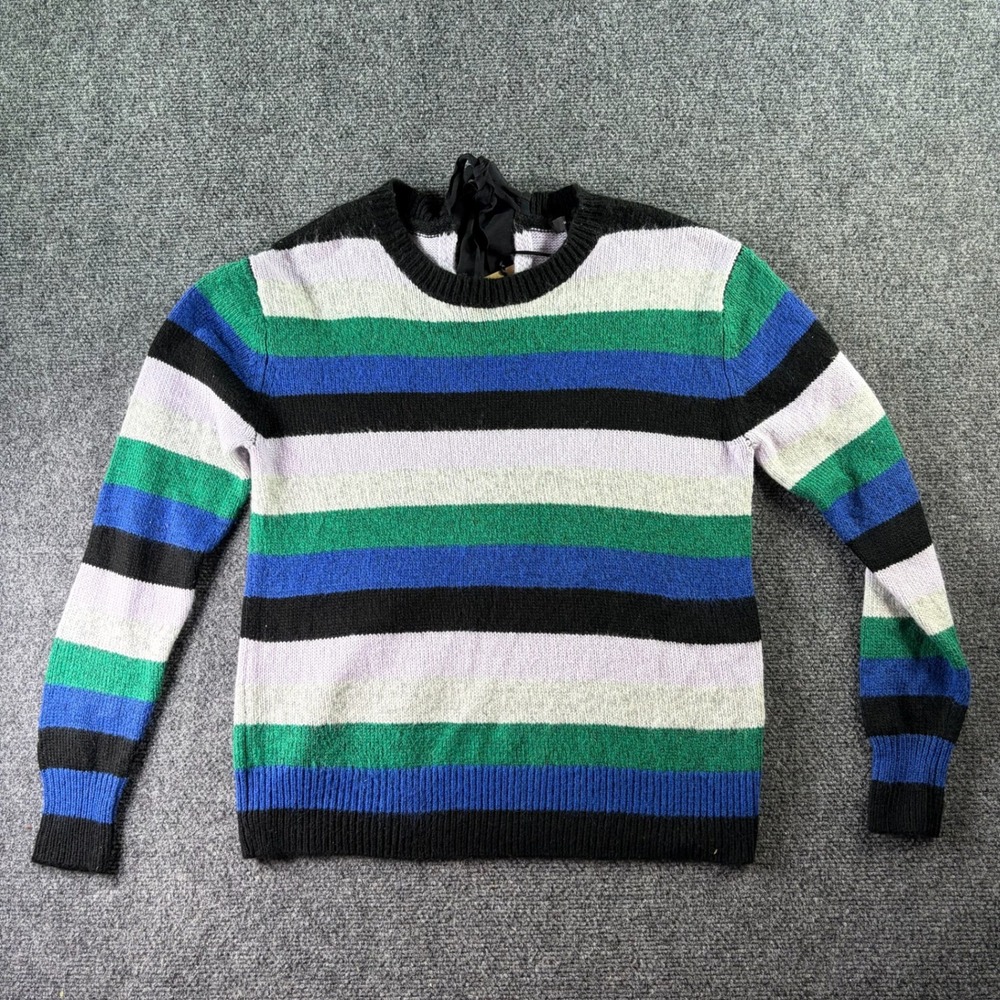 Halogen Striped Crewneck Sweater Womens Small Multicolor Back Ribbon Tie‎ Preppy
